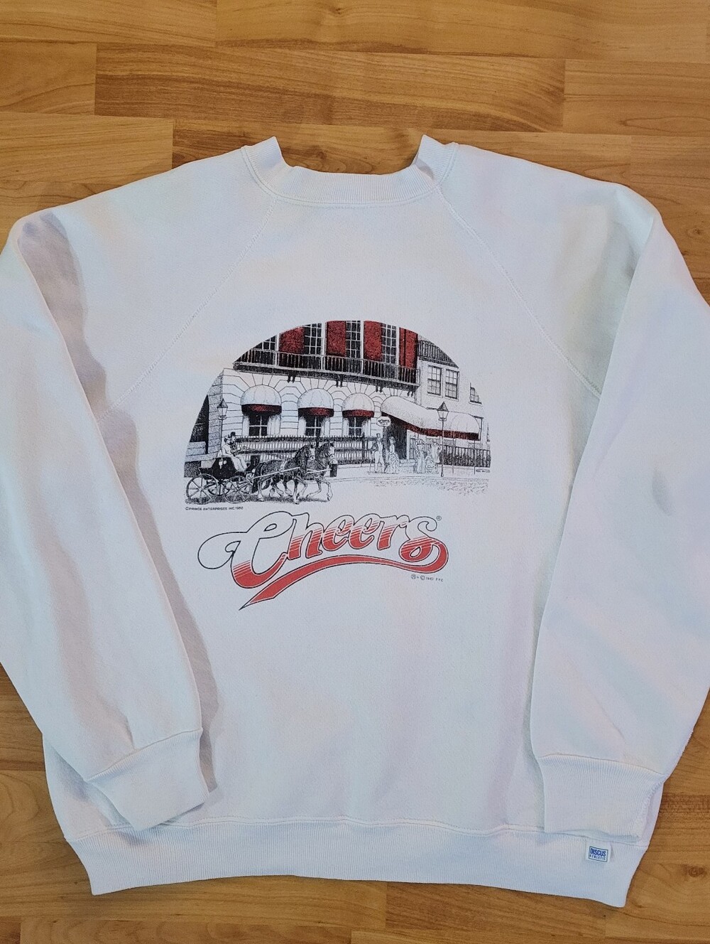 Vintage 80s Discus Athletic CHEERS Sitcom White Crewneck Sweatshirt, Large
